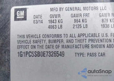 2014 Chevrolet Cruze Lt z USA, uszkodzony, nr VIN 1G1PC5SB0E7326549